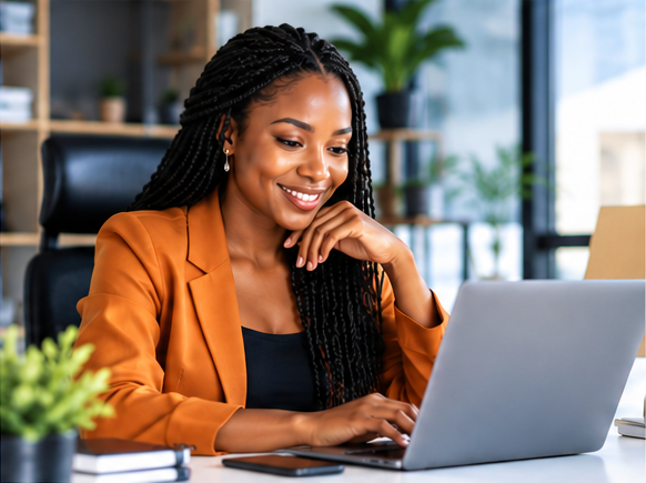 Smiling Black woman wearing an orange blazer working on a laptop in a bright modern office